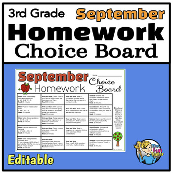 Preview of September 3rd Grade Homework Choice Board - Engaging Daily Activities