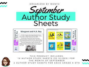 Preview of September Author Study Sheets - Shelf Markers, PPT slides, Monthly Display