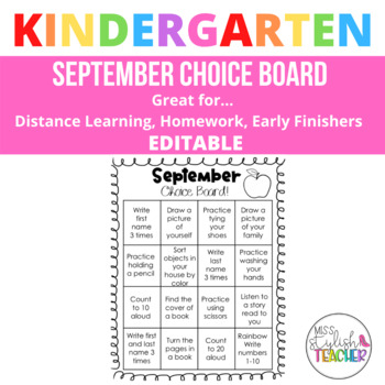 Preview of September Choice Board- Editable