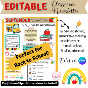 Preview of September Classroom Newsletter - Canva Template - Fully Editable