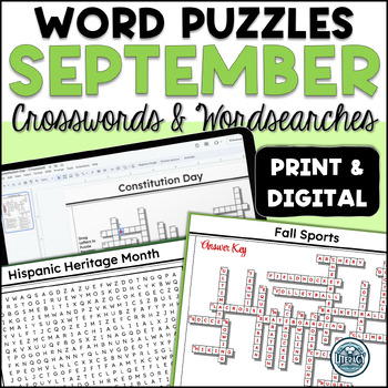 Preview of September Crossword Puzzles & Word Search - Back to School - Print & Digital