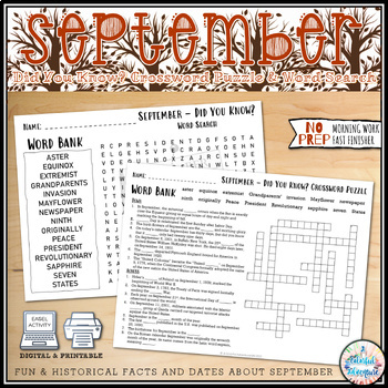 Preview of September Crossword and Word Search Activity {Digital & Printable Resources}