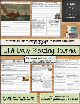 Preview of ELA Daily Reading Journal - September - Bell Ringers Morning Work