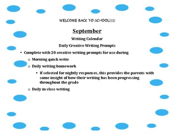 Preview of September Daily Writing Calendar! Grades 2,3,4