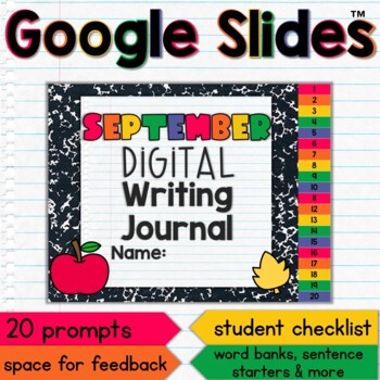 Preview of September Digital Writing Journal Google Slides 20 Prompts + Editable Prompt