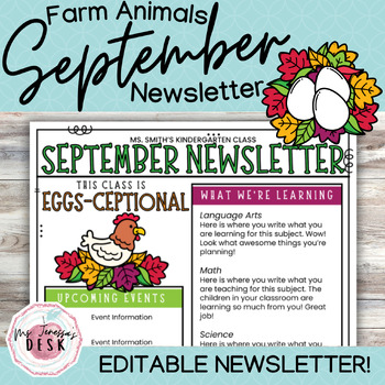 Preview of September Farm Newsletter Template *Editable: Chicken with EGG-CEPTIONAL class