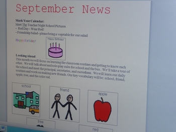 Preview of September Interactive Newsletter with Boardmaker Symbols for Non-verbal Learners