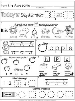Morning Work: September Packet for Kindergarten (Common Core