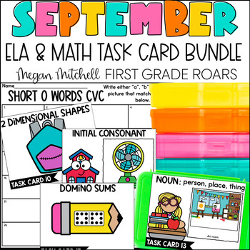 Preview of September Math & ELA Task Card Activities Centers, Scoot, Fast Finishers