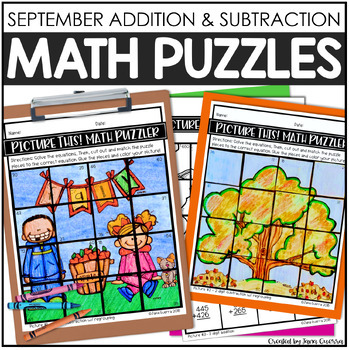 Preview of September Math Puzzles | Fall Addition Subtraction Worksheets Activities