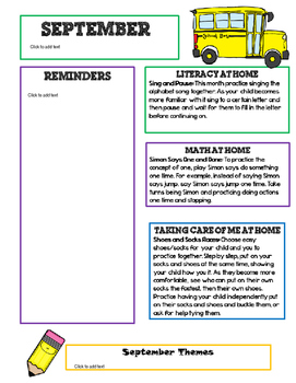 Preview of September Newsletter Template with Home Connections for Preschool