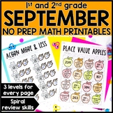 September No Prep Math Printables for 1st & 2nd Grade | Digital