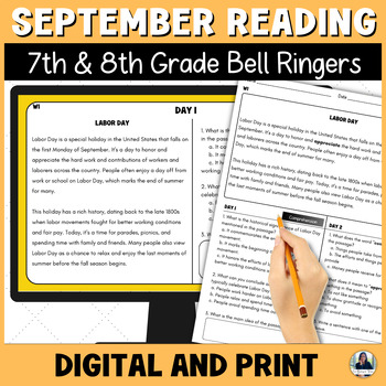 Preview of September Reading Bell Ringers for Middle School ELA/ESL for 7th and 8th Grade