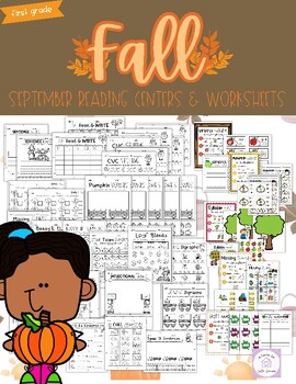 Preview of September Reading Centers and Worksheets First Grade Fall Apple Writing WordWork