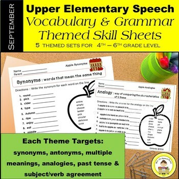 Preview of September Speech Therapy Upper Elementary Themed Vocab & Grammar Worksheets