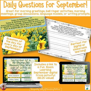 Preview of Morning Meeting Discussions and Daily Writing Prompts and Questions - September