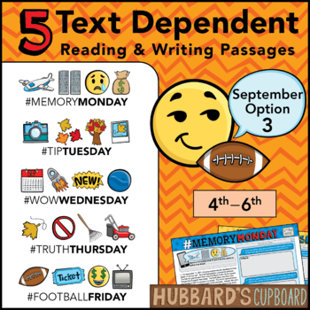 Preview of September Text Dependent Reading - Text Dependent Writing Prompts (Option 3)