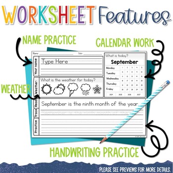 September Themed Handwriting Practice Worksheets with Daily Calendar Work
