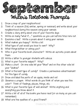 September Writer's Notebook ~ Writing Prompts FREEBIE by Smart Chick