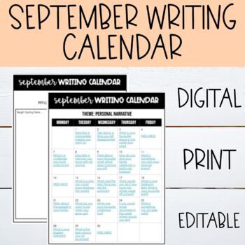 September Writing Calendar - Digital, Printable and Editable | TpT