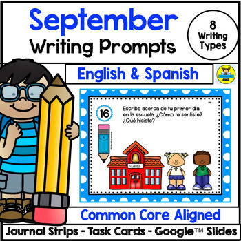 Preview of September Writing Prompts English & Spanish Task Cards Journal Strips & Digital