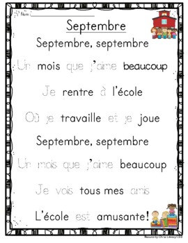Preview of September back-to-school FRENCH poem differentiated reading/writing activity