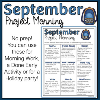 September Morning Choice Menu Activities for Back to School Project Morning