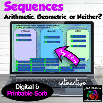 Preview of Sequences Arithmetic Geometric or Neither Sort Digital plus Printable