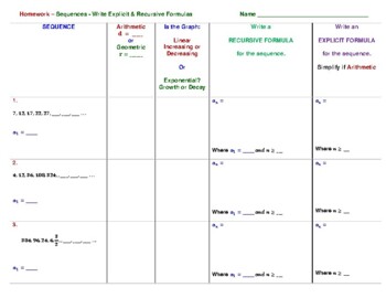 Preview of Sequences: Write Explicit & Recursive Formulas Arithmetic & Geometric - Homework