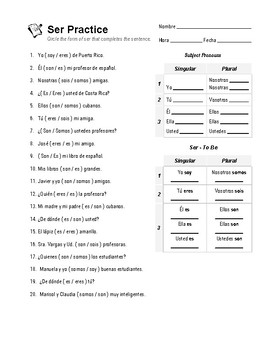 Ser and Subject Pronouns Practice Spanish Worksheet  TpT