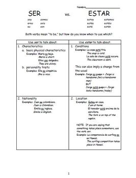 Preview of Ser vs. Estar Notes and Worksheet