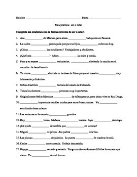 Worksheet 2 Ser Vs Estar Answers | TUTORE.ORG - Master of Documents