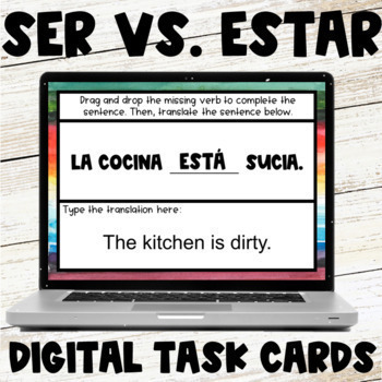 Preview of Ser vs Estar Present Tense Practice Spanish 1 Digital Task Cards Google Slides