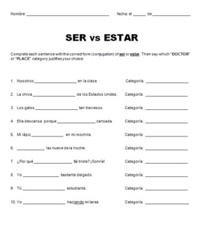 Spanish Spanish Class Grammar Worksheet Ser Y Estar Ser Vs Estar My