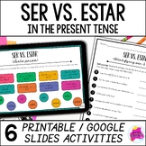 Ser vs. Estar Spanish Present Tense Worksheet Activity Pac