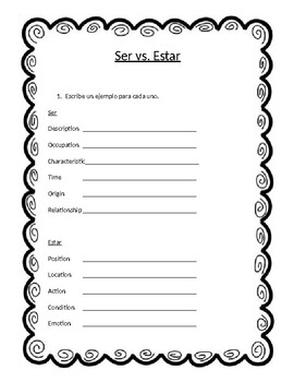 Ser vs Estar Worksheet with Answer Key by Chelsey s Language World