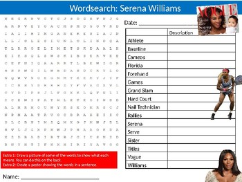 Serena Williams Wordsearch Puzzle Sheet Keywords Famous Tennis Player