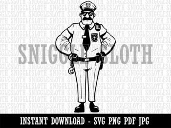 Preview of Serious Police Officer Cop Standing with Hands on Hips B&W Clipart Digital