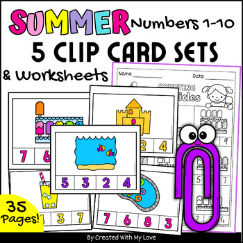 Preview of Set#1 Summer Counting Numbers 1-10 Clip Cards, End Of The Year Math Center