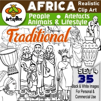 Preview of Set 4: x 35 Africa Realistic Clip Art Black and White line images - Traditional
