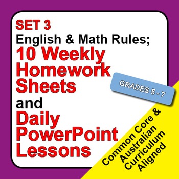 Preview of Set 3, English & Math Rules; Weekly Homework Sheets & PowerPoint Lessons.