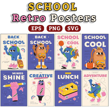 Preview of Set Of 8 Retro School Posters - Back To School - Motivational Slogan - Education