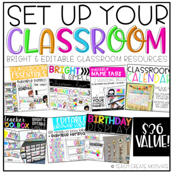 Preview of Editable Set Up Your Classroom Bundle Bright Decor, Labels, Name Tags, Calendar