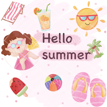 Preview of Set cute summer holiday beach elements. Hello summer lettering. Cartoon vector i