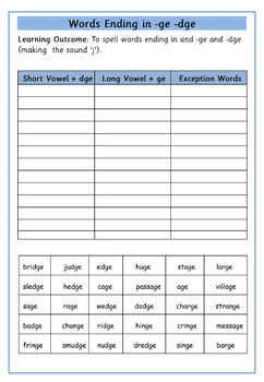 ge / dge Words - Words Ending in -ge / -dge - 15 Worksheets | TpT