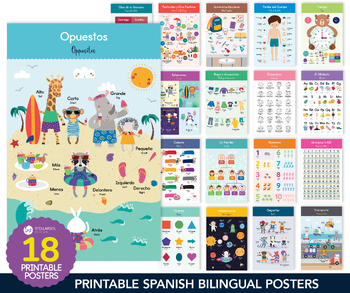 Preview of Set of 18 Bilingual Educational Posters | Spanish-English Posters | PreK-5th