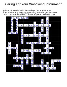 Set of 2 Caring For Your Woodwind Instrument Crossword Puzzles (Band