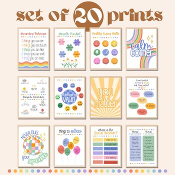 Preview of Set of 20 School Counseling/Social Work Posters, Rainbow Classroom Decor, SEL