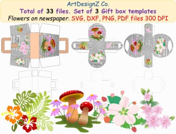 Preview of Set of 3 Beautiful gift box templates with flowers on newspaper