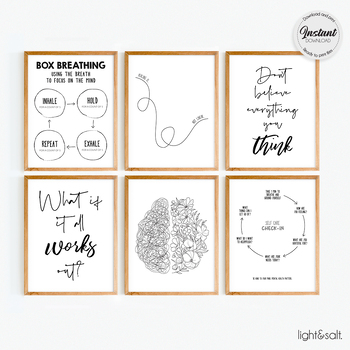 Preview of Set of 6 Black and White Mental Health Posters, therapy office decor, self-care